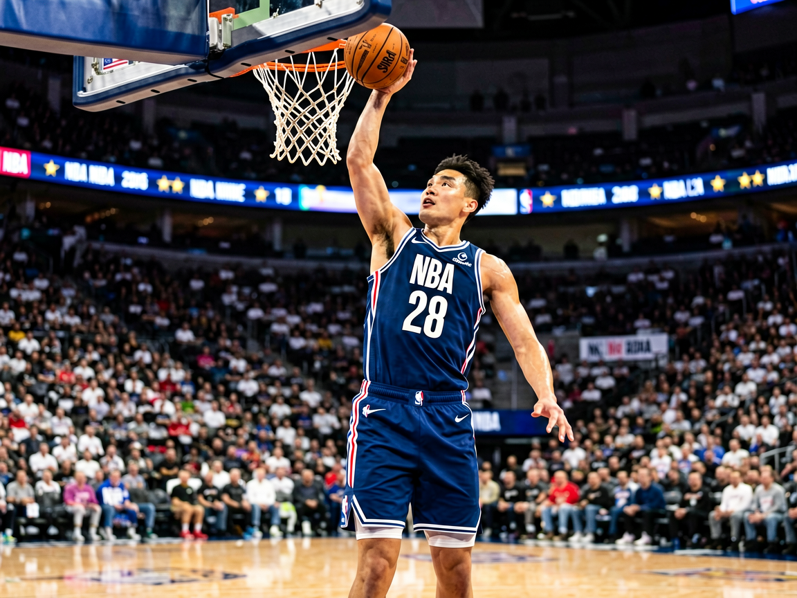篮球比赛现场，NBA球员在球场上精彩扣篮瞬间